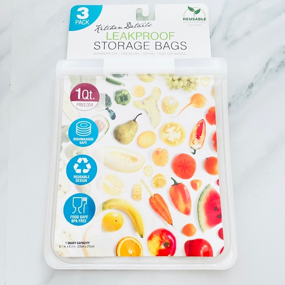 3 PACK REUSABLE LEAKPROOF STORAGE FREEZER BAGS 1 QT - Picture 1 of 1